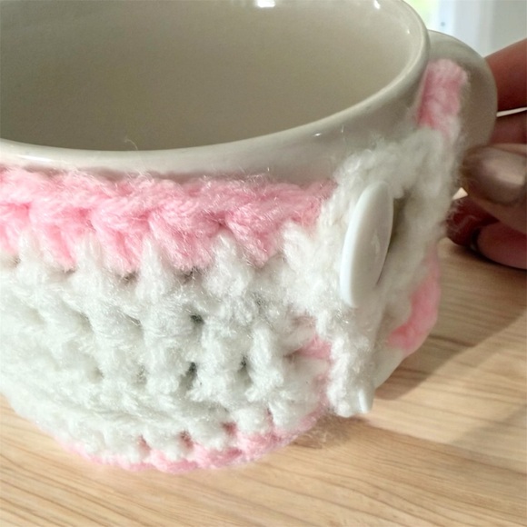 Handmade Crochet Pink & White Heart Mug Cozy | Coffee Tea Warmer Sleeve - Picture 4 of 5